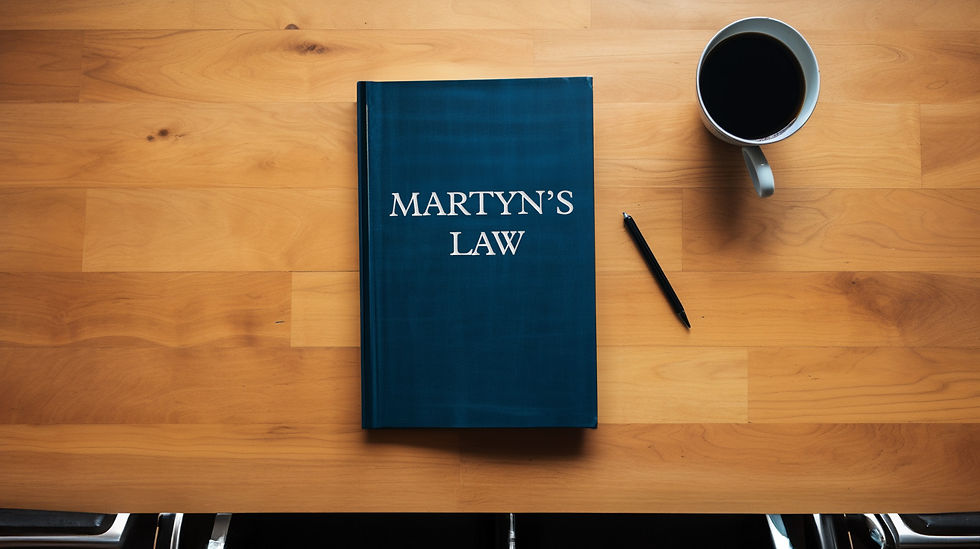 Book titled 'Martyn's Law' placed on a wooden desk alongside a cup of coffee and a pen, symbolising discussions on security legislation and public safety measures.