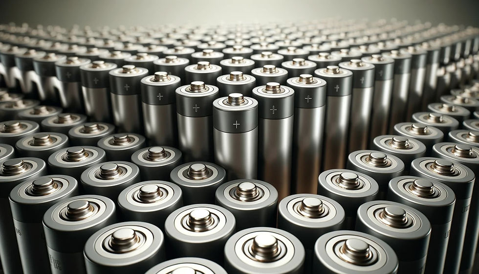 Rows of lithium batteries closely arranged, highlighting the potential fire risk associated with the storage and handling of lithium battery cells.