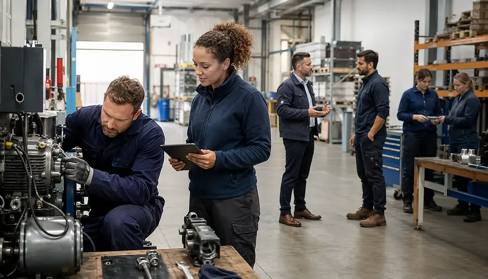 Technicians inspect machinery in a factory workshop, one crouched at an engine while a another inspects, using a tablet and coworkers talk nearby.