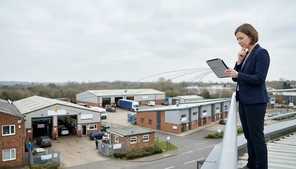 Woman in a navy suit studies a tablet on a rooftop, overlooking an industrial estate under a cloudy sky.