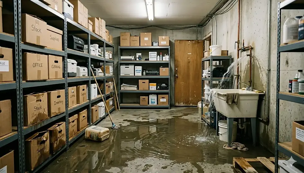 Flooded storage room with shelves of labeled boxes and printers. A sink overflows, water spills onto the floor. Mood: chaotic.