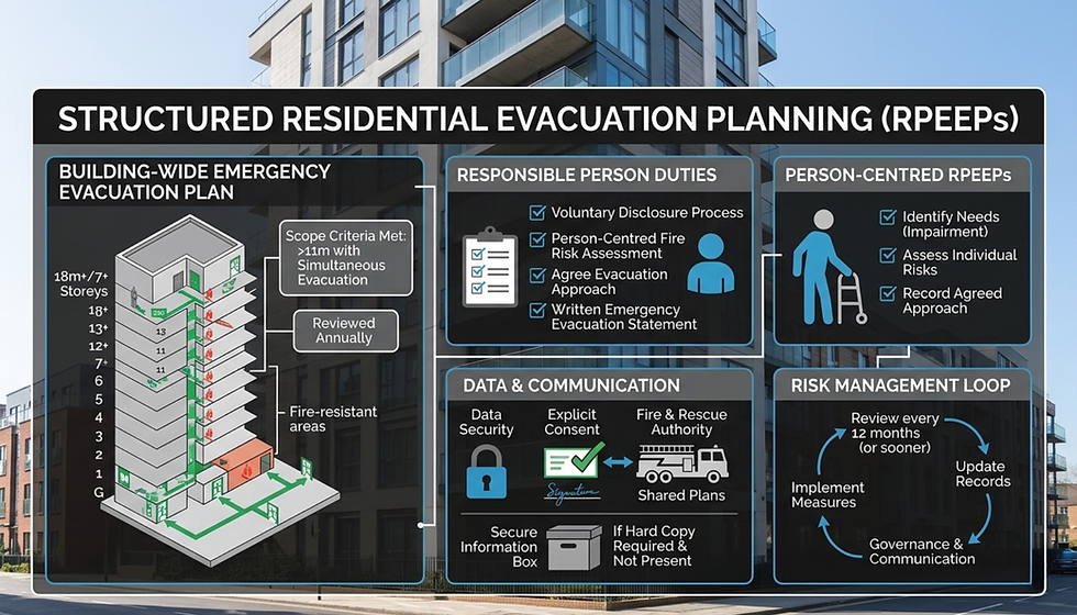 Infographic of structured residential evacuation planning with building diagram, duties, data, and risk management steps overlaid on an apartment.