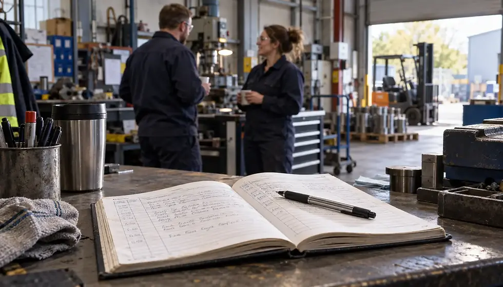 Open logbook and pen on a workbench in a machine shop, with two workers talking near a forklift in the background.