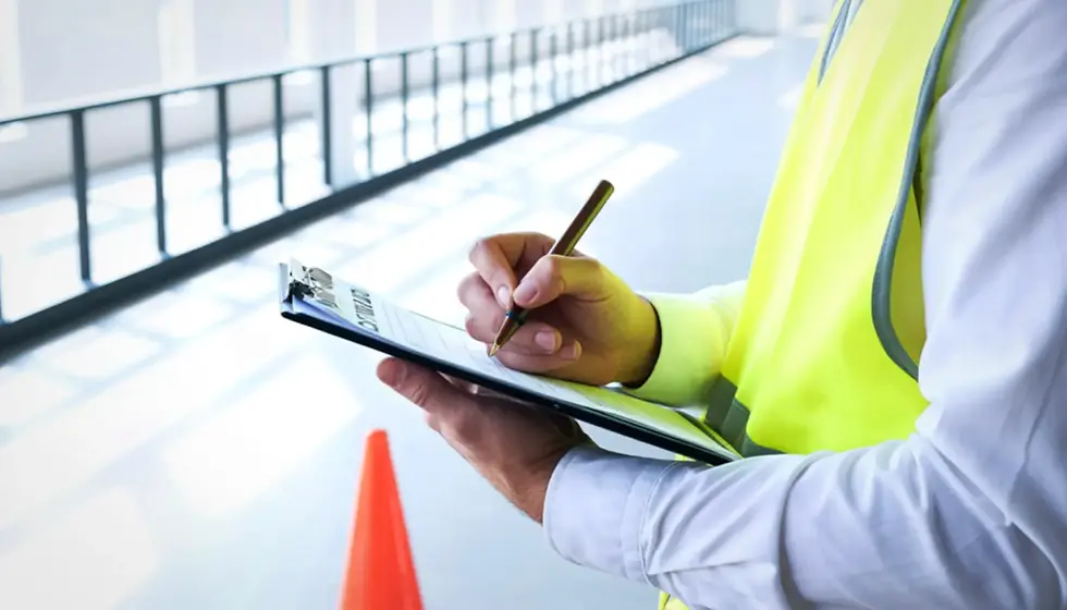 Person in a neon vest holds a clipboard, writing with a pen. A safety cone is visible, set in a bright, industrial hallway.