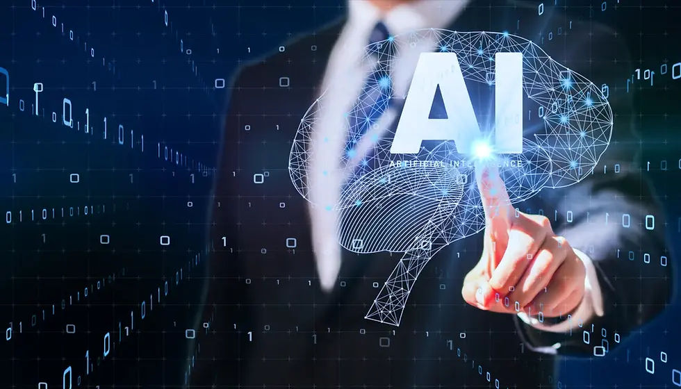 Person in a suit touches a digital "AI" hologram with binary code in the background. The image conveys a futuristic tech theme.