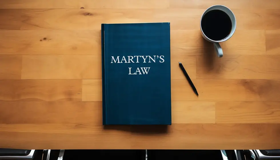 Blue book titled "Martyn's Law" on a wooden table with a black pen and a cup of coffee. Calm, professional setting.