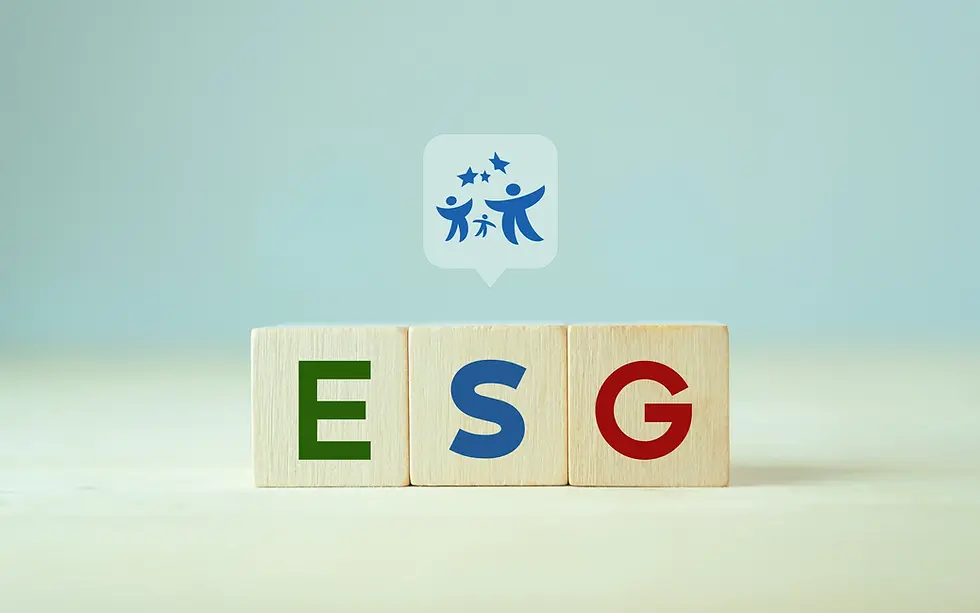 Wooden blocks spell "ESG" with green, blue, red letters. Above the 'S', blue figures with stars in a speech bubble, representing the Social in ESG. 