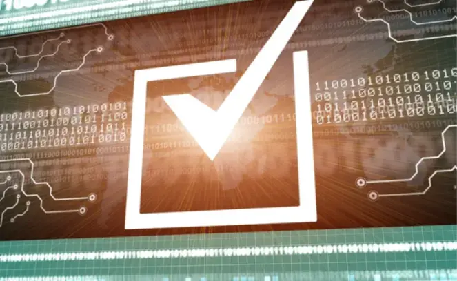 A large white checkmark in a box over binary code and circuit patterns on a brown background, conveying a digital approval theme.