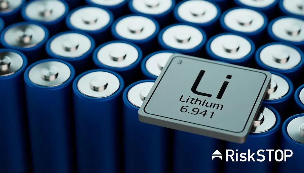 Close-up of blue lithium batteries with an overlay of "Li Lithium 6.941" element symbol.
