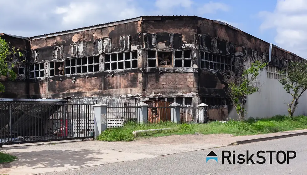 A commercial building severely damaged by fire, illustrating the risks of underinsurance.