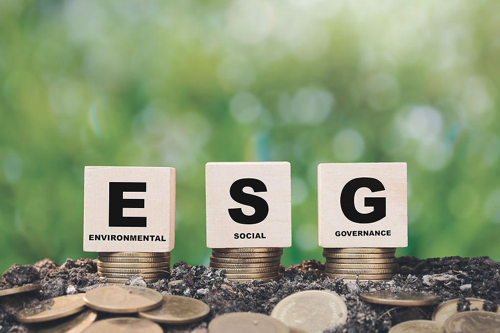 Wooden blocks showing letters ESG and words Environmental, Social and Governance on coins with green background
