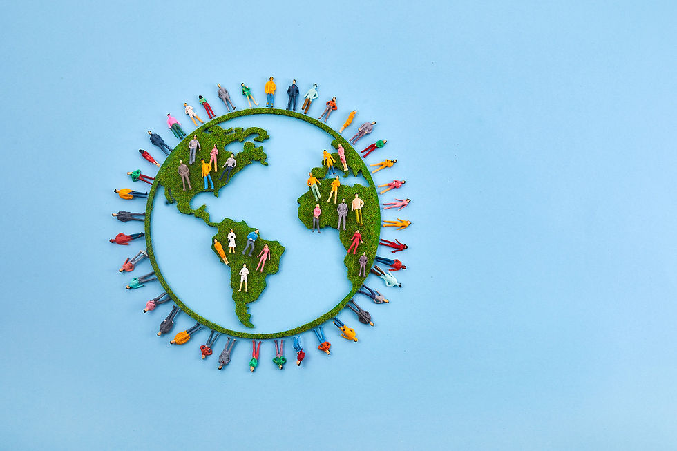 Graphic of the Earth, featuring small figurines in a circle around the globe