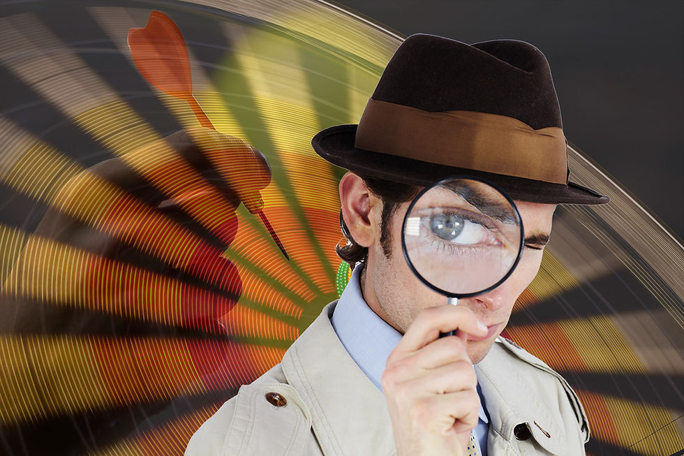A wheel of fortune and a hand holding a dart in background, with a detective looking through a magnifying glass in the foreground